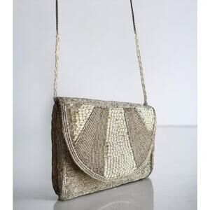 Vtg Silver Glass Beaded Evening Bag Purse Handbag Crossbody Hong Kong Formal 60s